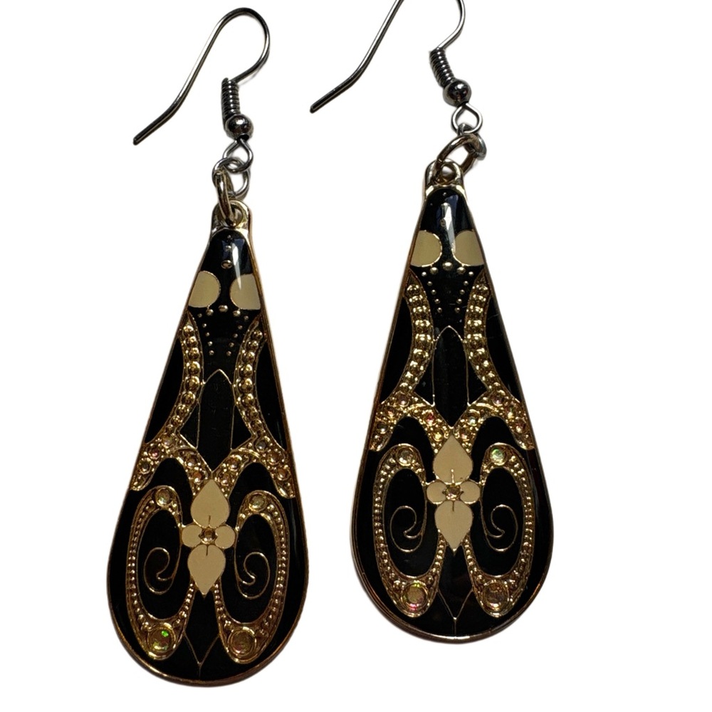 Black and Gold Teardrop Dangle Earrings